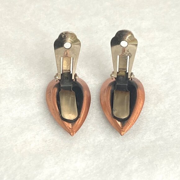 VTG Signed Renoir Matisse Copper Modernist Enamel Teardrop Clip On Earrings - Picture 6 of 16